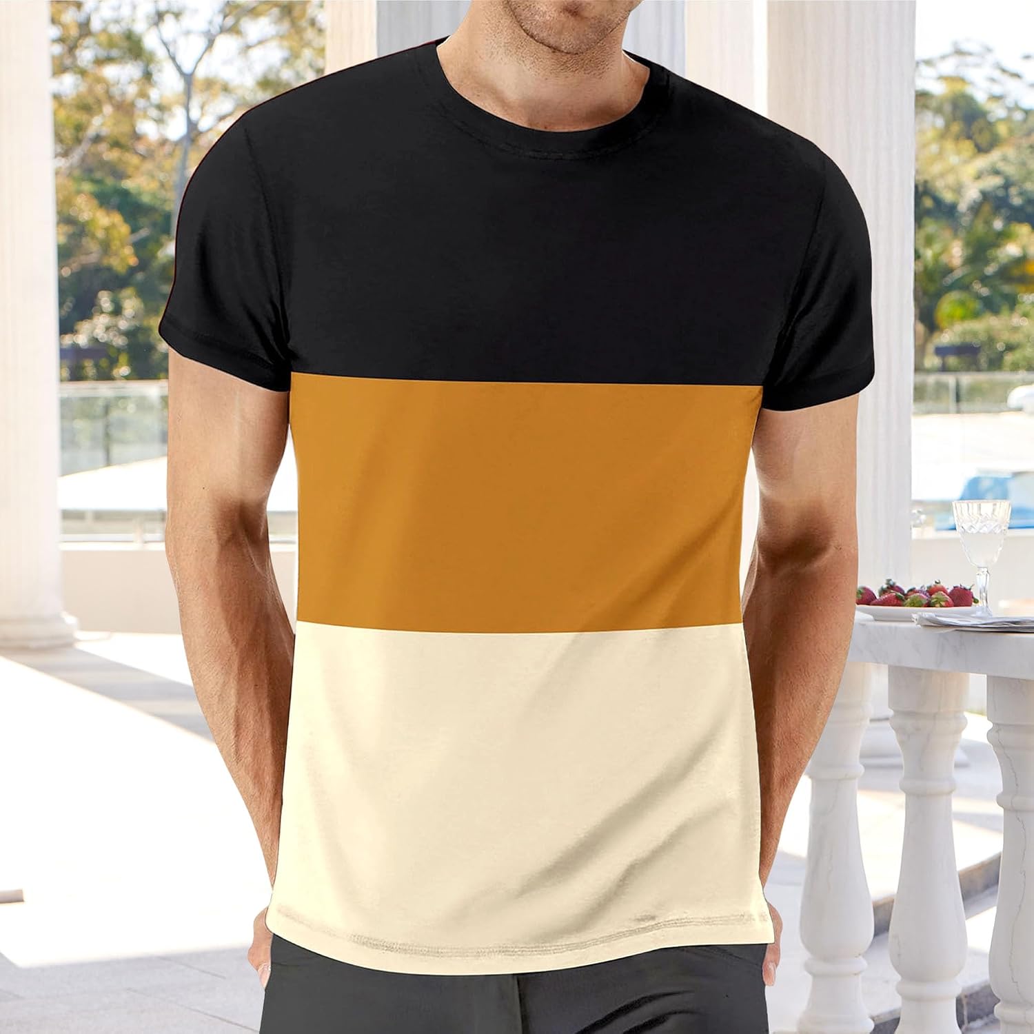 Men Summer Color Block Athletic T Shirt Round Collar Short Sleeve Cozy Shirt Classic Daily Wear Street Pullover Top