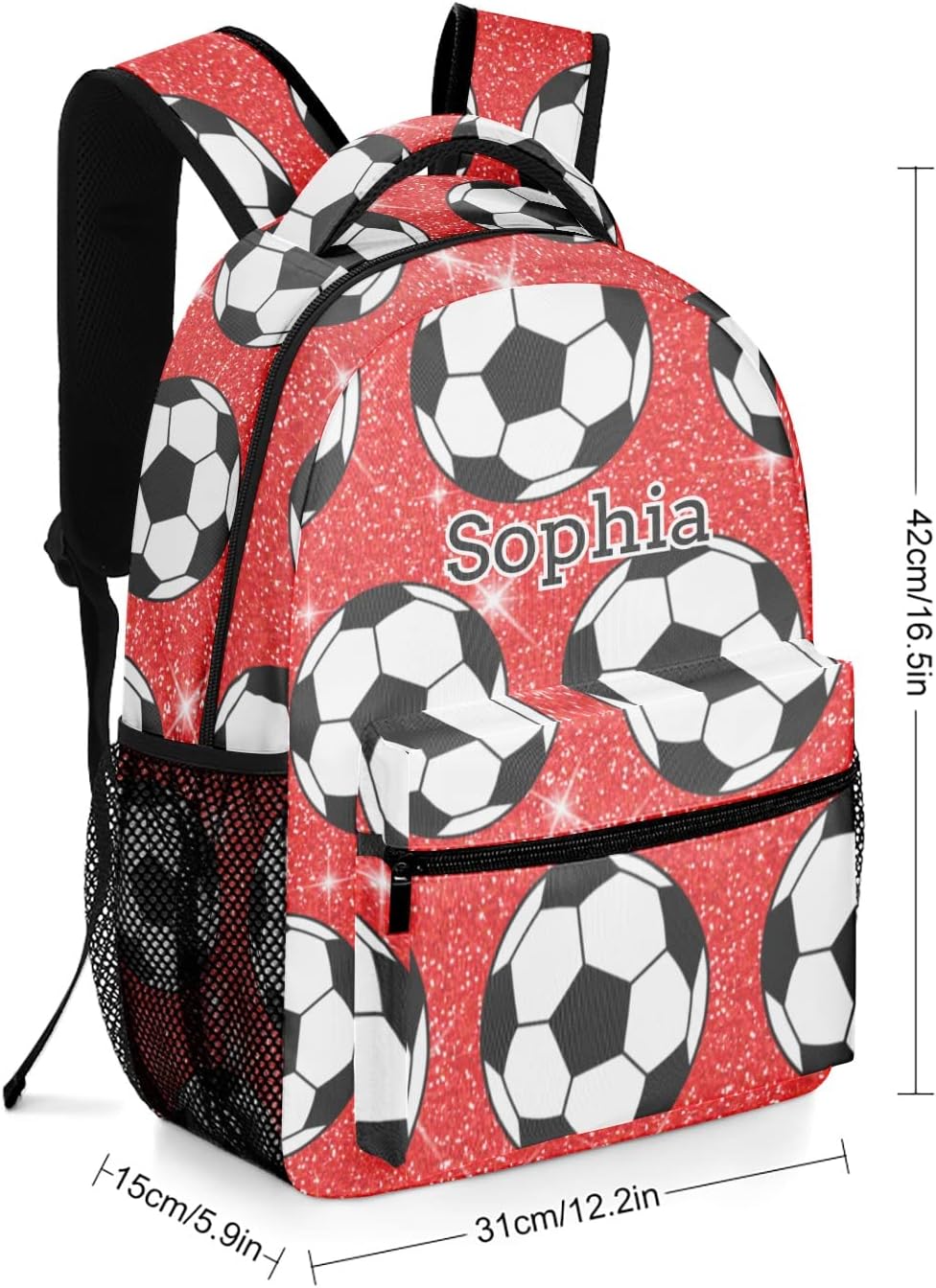 Soccer Ball Red Printing Personalized Backpack Waterproof Shoulder Bag Casual Travel Daypack with Name
