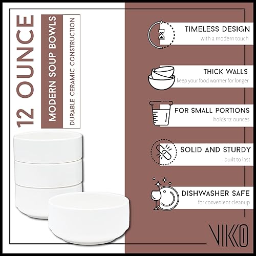 Miniatura 1 de Vikko Juego de 4 cuencos de sopa blancos, para cocina, cereales de 12 onzas, pequeños cuencos de arroz de cerámica, guarniciones, aptos para