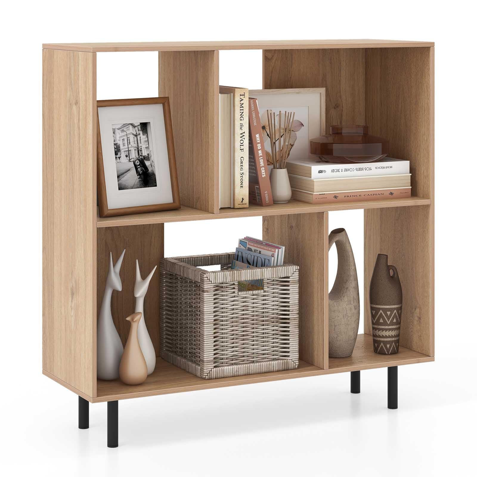 COSTWAY Libreria Estanteria, Estanteria Libros de Madera de 4 Cubos, Estantería de Piso de 2 Niveles con Patas Metálicas, Estante Horizontal de Almacenaje，90 x 30 x 90 cm (Natural)