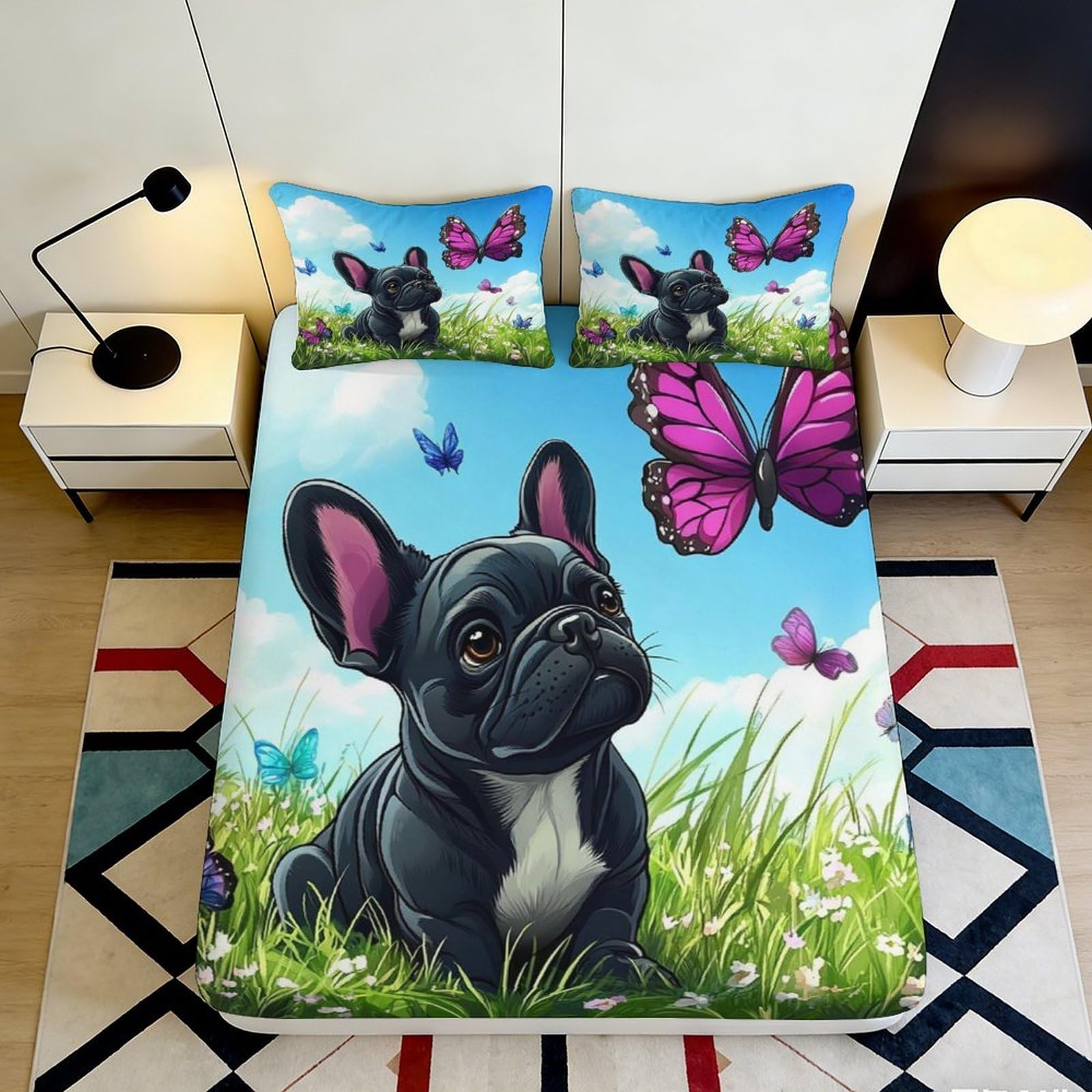Pnayamiorkfel Style-6 3D Printed French Bulldog Butterfly Fitted Sheet Microfiber Anti-Slip Easy Care Bed Cover For Bedroom Dorm Decor 90X200x25cm
