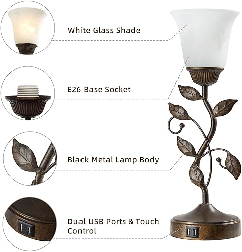 Miniatura 5 de RORIANO Lámpara táctil de mesita de noche, lámpara de mesita de noche vintage con 2 puertos USB para sala de estar, lámpara de hoja regulable de 3