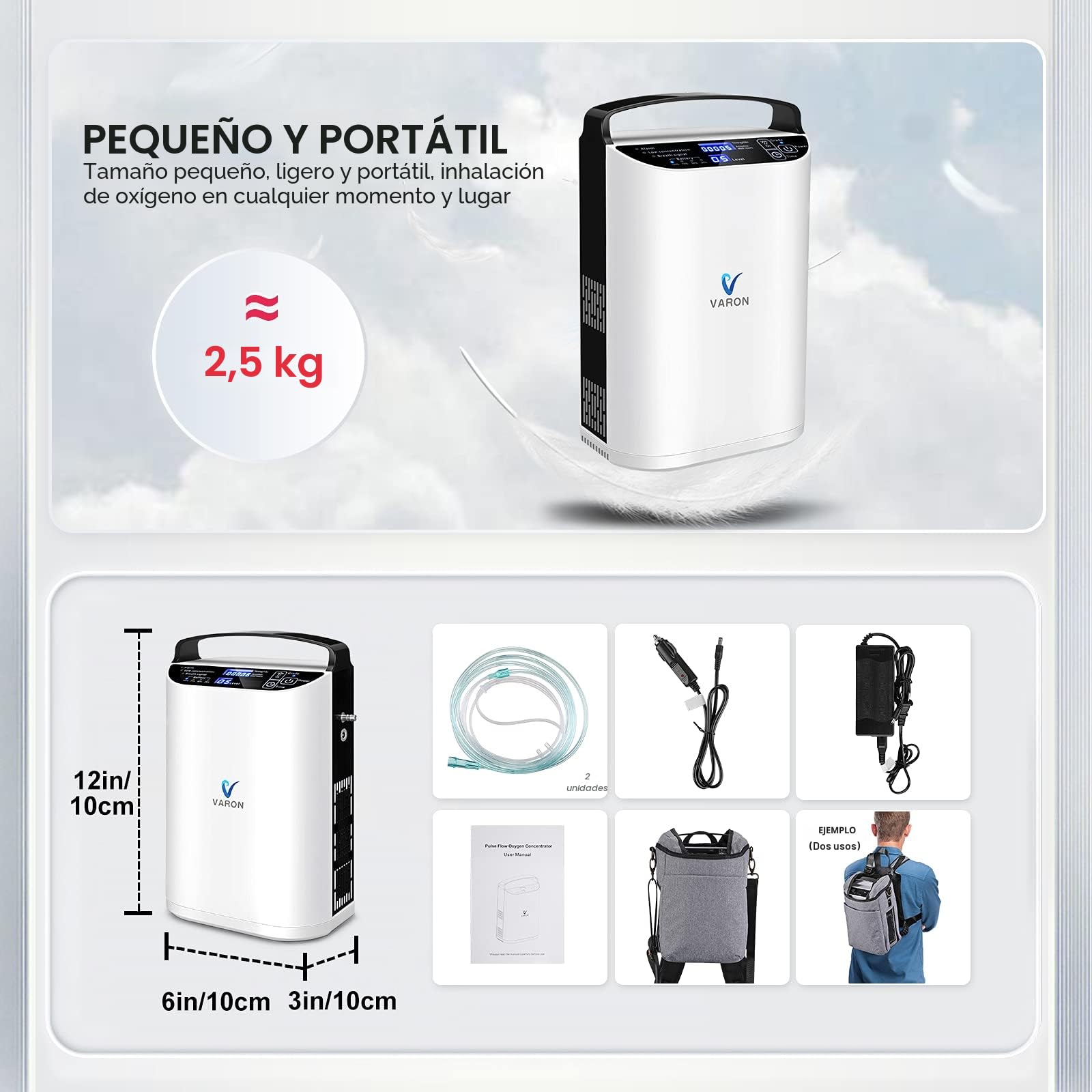 Concentrador de oxígeno portátil, (1-5 archivos) Flujo de oxígeno ajustable, 90%±3% de oxígeno para uso en casa, máquina de oxígeno para uso en casa y en movimiento