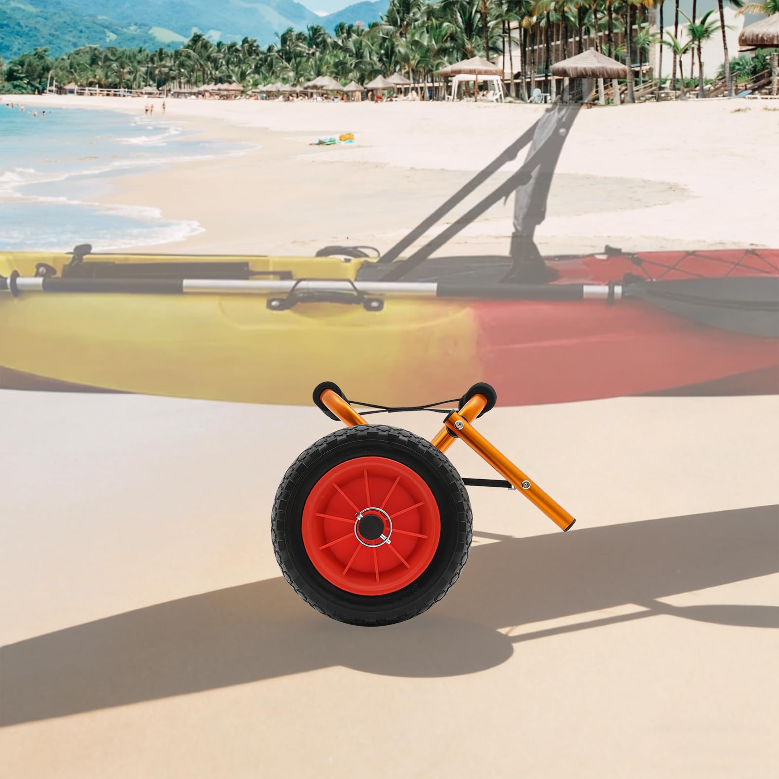 Składany wózek kajakowy z aluminium, wózek surfingowy z pełnymi gumowymi oponami i hamulcem, nośność 80 kg, do transportu kajaków, sportów wodnych, na plażę, kemping, kolor pomarańczowy, czarny