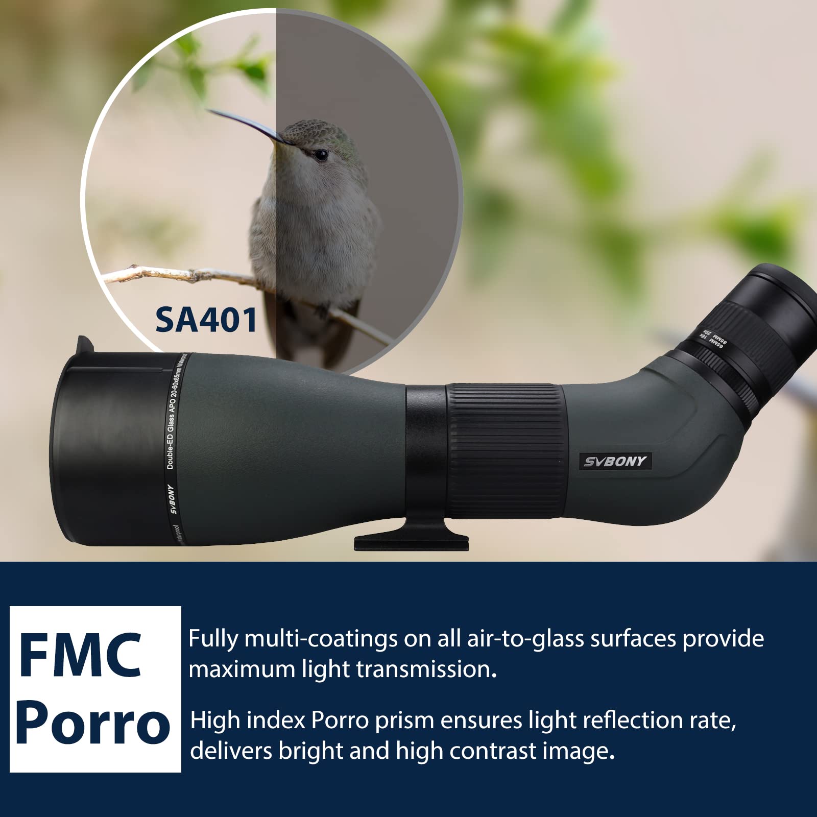 Svbony SA401 APO Lunety Obserwacyjne 20-60x85, Dwukrotnie ED Szkło Spotting Scope Precyzyjna Focus, Wodoodporna Fogproof Teleskop Kątowy Spektiv do Birdwatching, Natura
