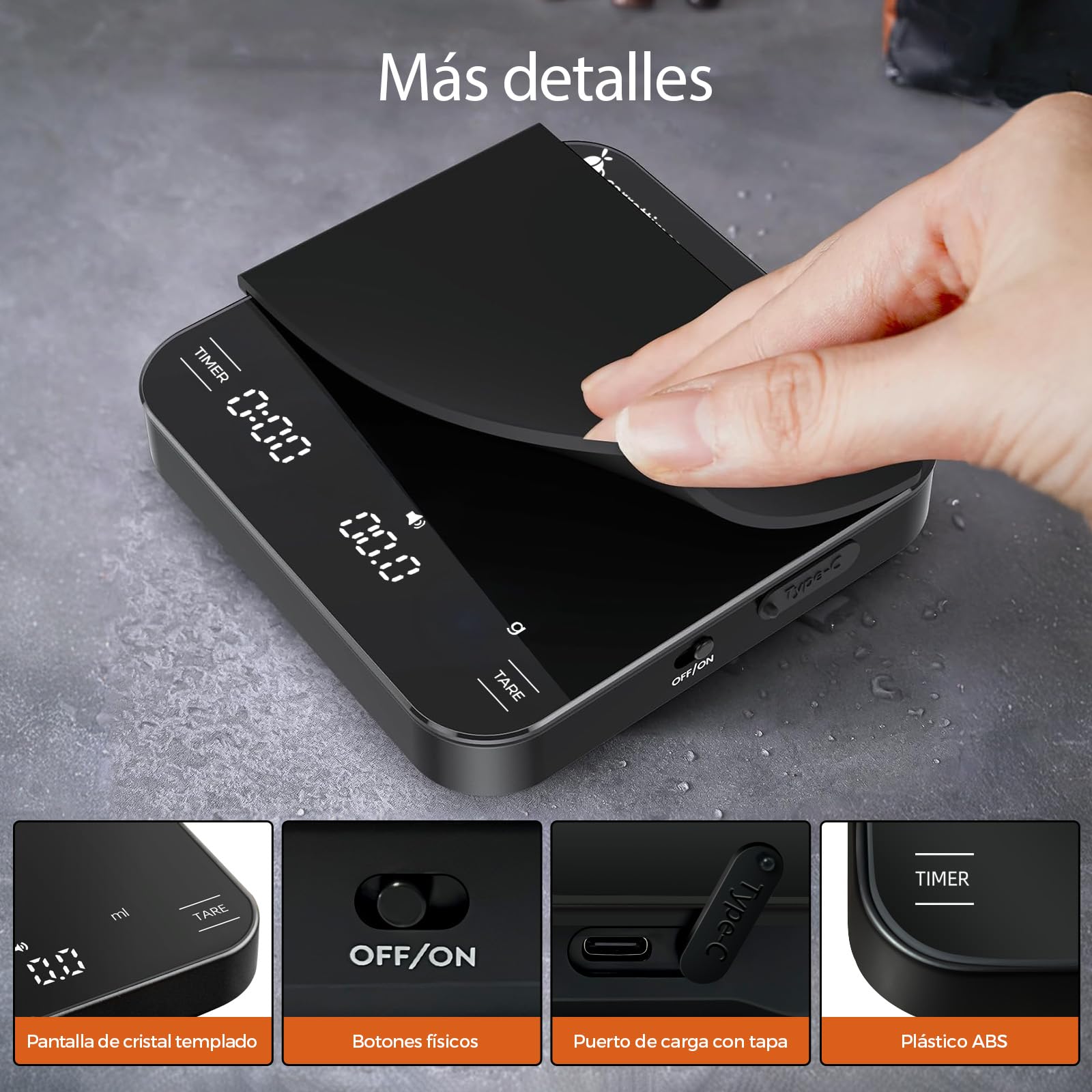 4 Modos Mini Bascula Cafe Recargable con Temporizador, 2kg/0.1g Bascula de Precision para Espresso, Coffee Scale Portátil con para Espresso y Café Servido (Negra)