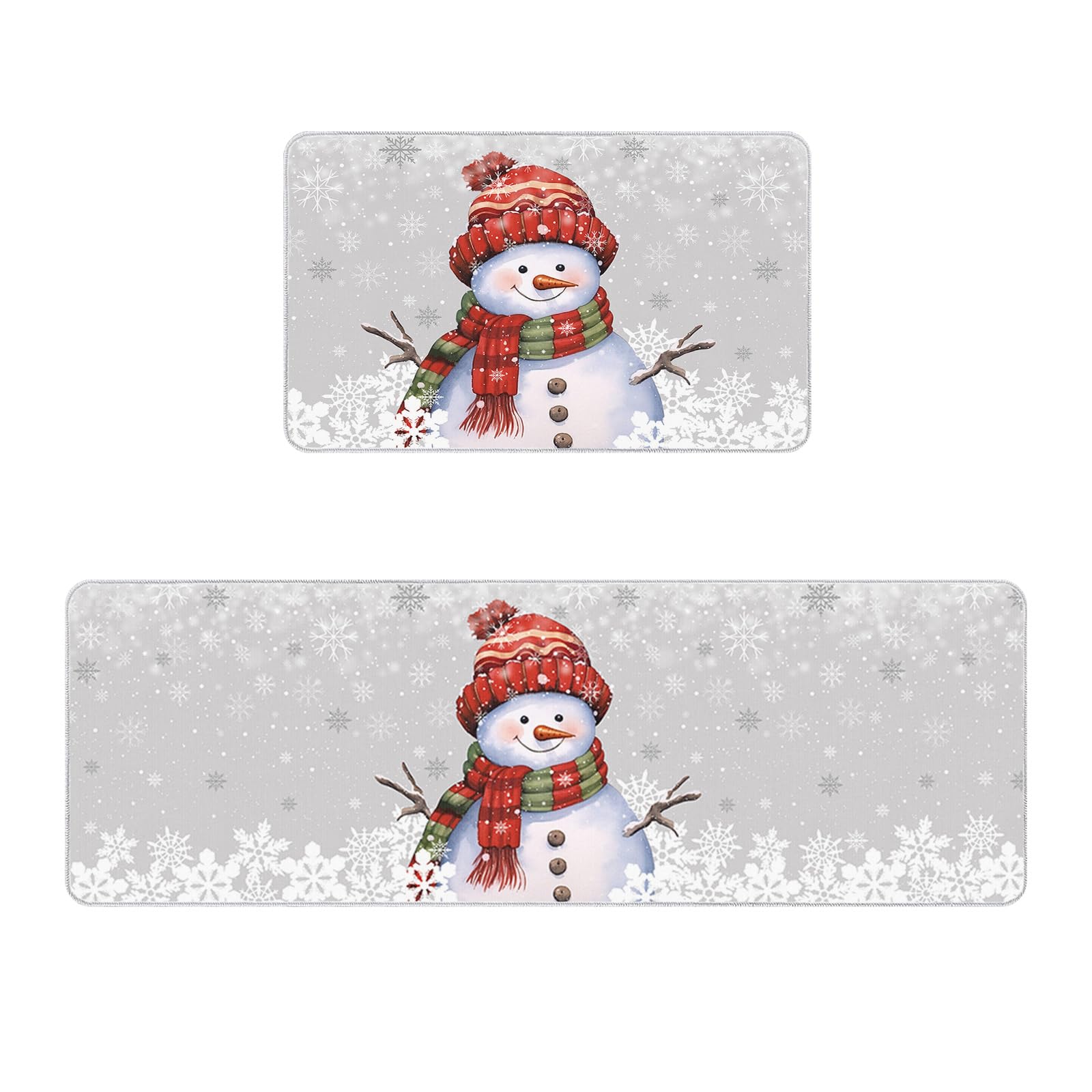 2 Piece Non-Slip Kitchen Mat Runner Rug Set Doormat Christmas Snowman with Cap Xmas Tree Snowflake Grey Door Mats Rubber Backing Carpet Indoor Floor