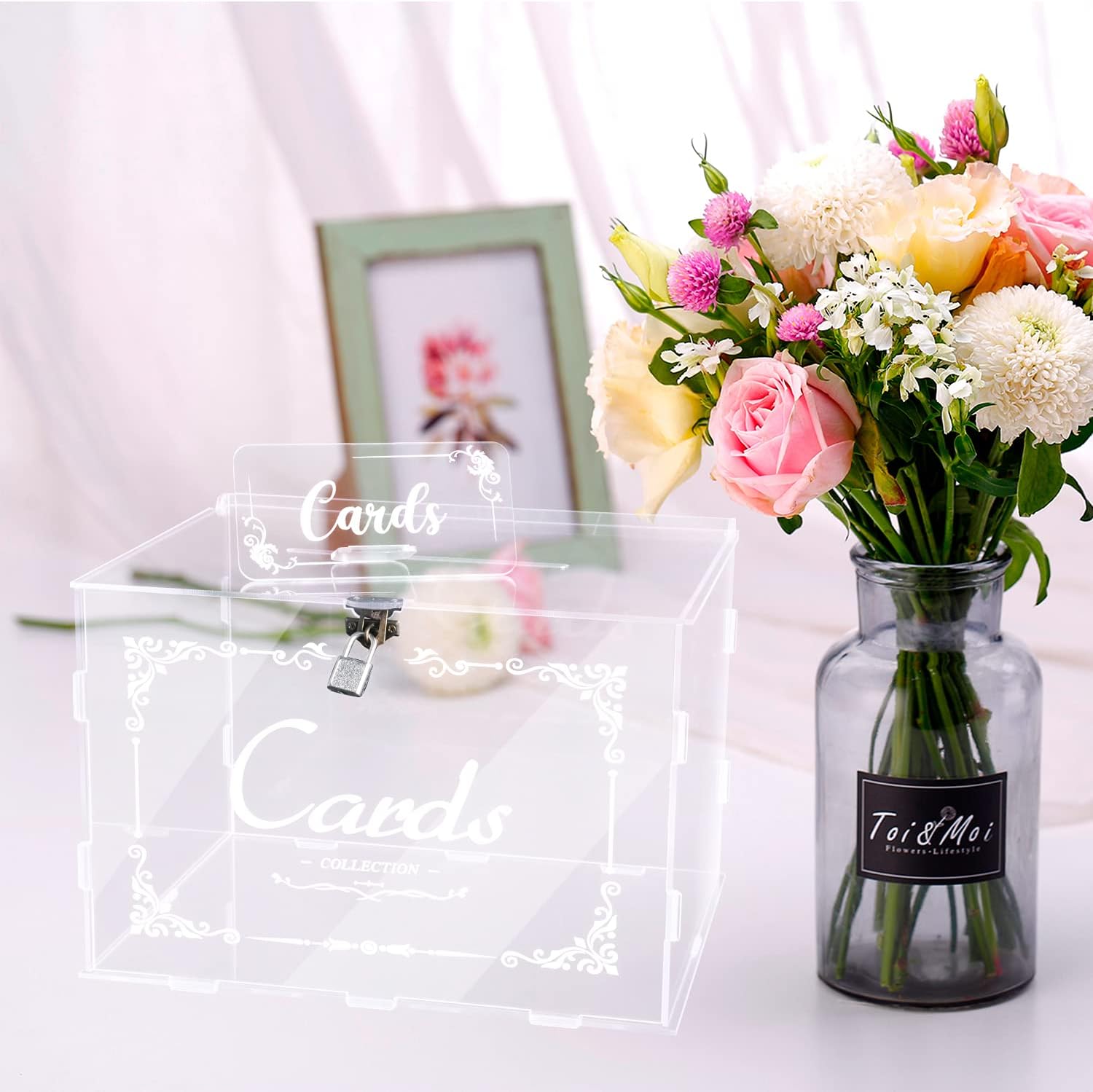 Fowecelt Clear Acrylic Wedding Card Box with Lock Money Post Gift Box Holder Clear Card Box Large Letter Envelope Boxes with Slot for Reception Anniversary Birthday Party Baby Shower thumbnail