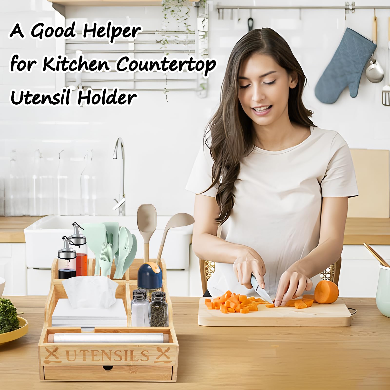 Soporte para utensilios de cocina con cajón, organizador de utensilios de bambú para encimera de cocina, organizador de cubiertos para servilletas, tenedores, cuchillos, platos, fiesta, barbacoa