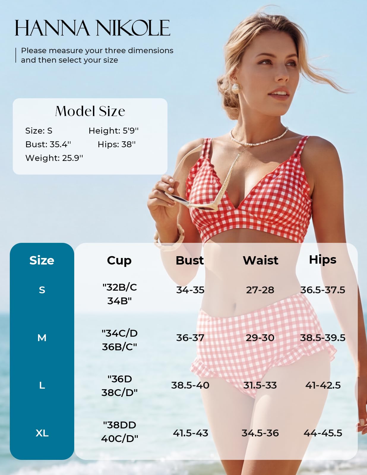 Hanna Nikole Conjunto de bikini para mujer, bonitos volantes, cuello en V sexy, efecto push-up, parte inferior de cintura alta, tirantes dobles para los hombros