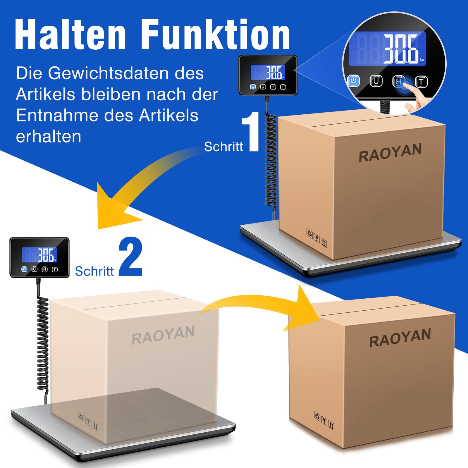 Paketwaage 300kg Plattformwaage 20g Genauigkeit LCD Hold Tara Funktion Batterien Typ-C