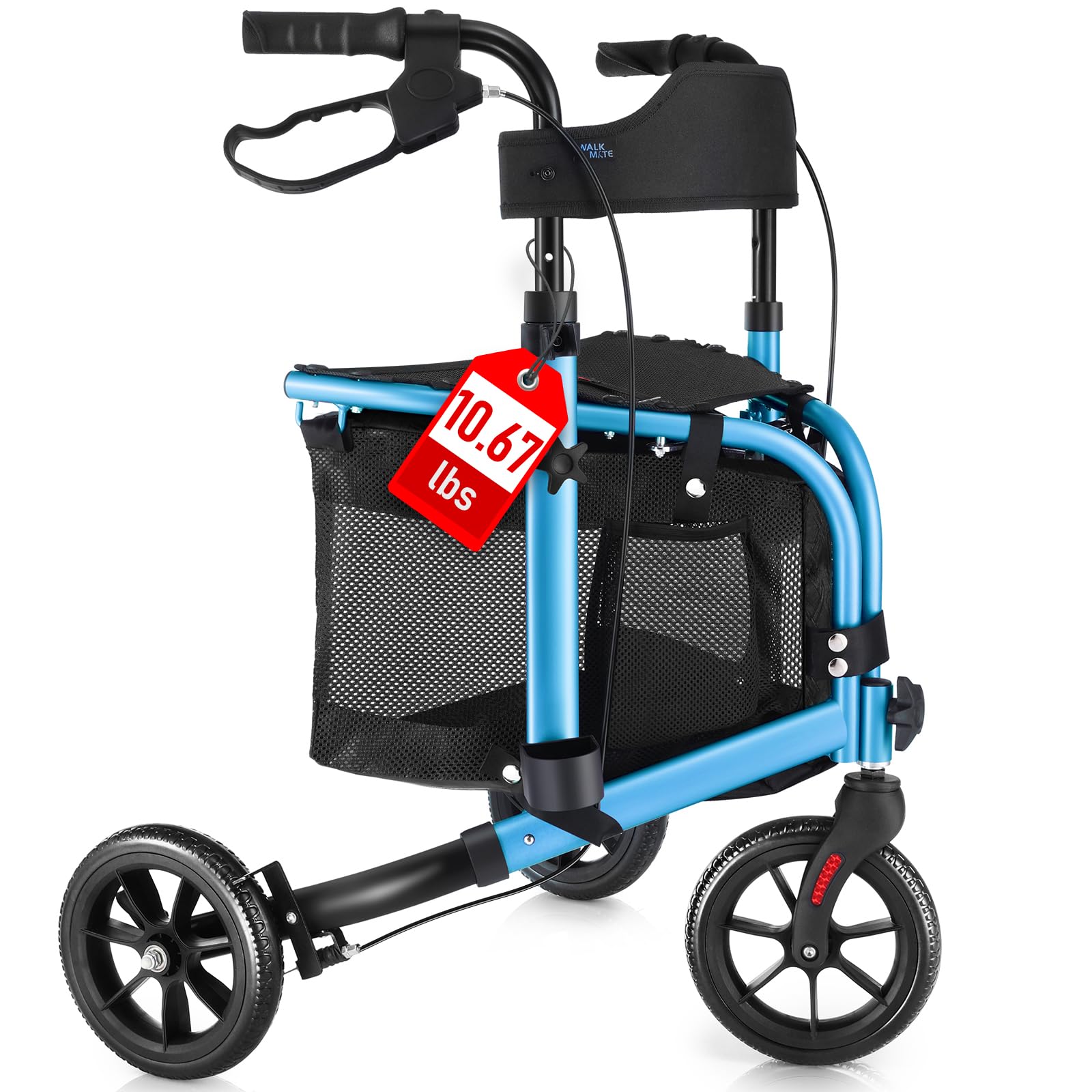 WALK MATE 3 Wheel Rollator Walker with Seat for Slim Seniors, Padded Backrest Lightweight Foldable Travel Walker Ideal for Elderly, 8 Inch Tri-Wheel Modern Mobility Walking Aid Aluminum, Blue