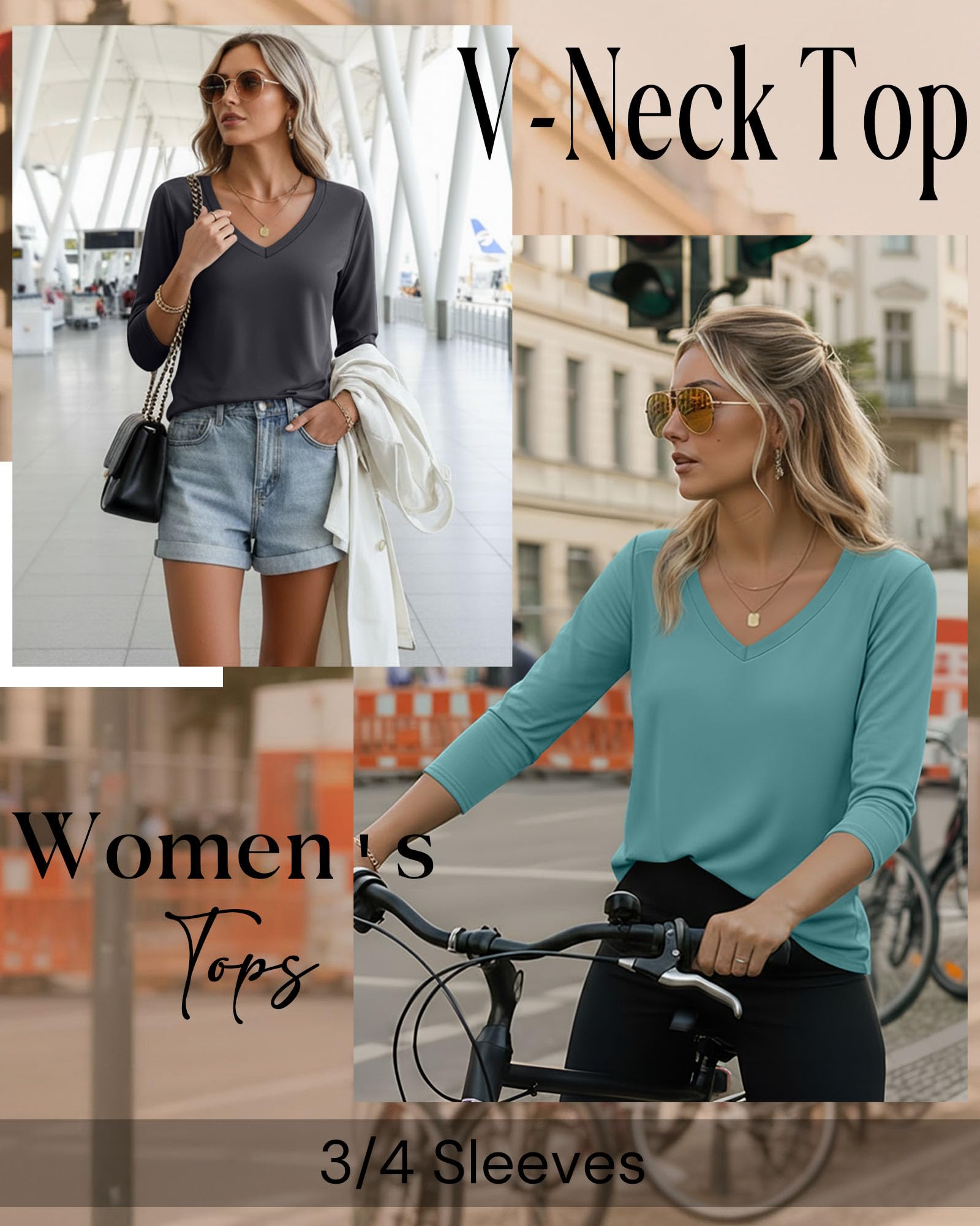 Ficerd Paquete de 4 Camisetas de Manga 3/4 con Cuello en V para Mujer, Estilo túnica Informal, de algodón básicas y a la Moda