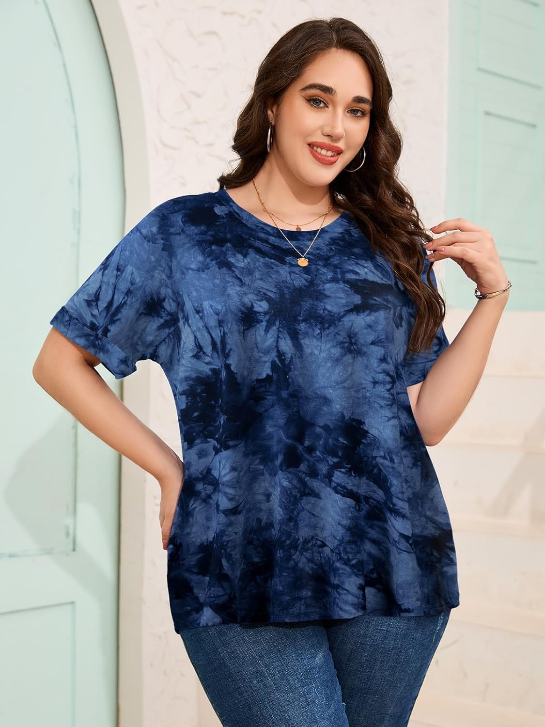 LARACE Plus Size Tunic Tops for Womens Summer Shirts Roll Up Short Sleeves Blouses Loose Fit Tee Shirts Womens Casual Tops - Image 3