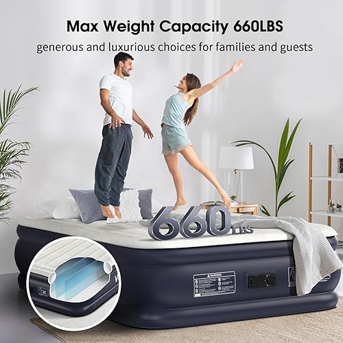 Miniatura 4 de Colchón de aire tamaño matrimonial con bomba integrada, colchón inflable de 18 pulgadas con vigas verticales mejoradas, colchón autoinflableinflable
