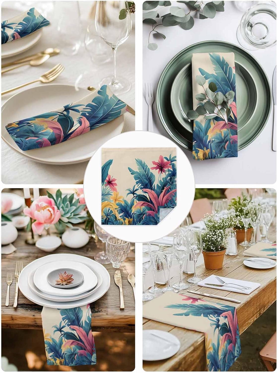 布ナプキン 20 x 20インチ ブルー レッド ヤシの葉 ディナーナプキン 洗濯可能 水彩 熱帯植物 装飾 吸収タオル パーティー