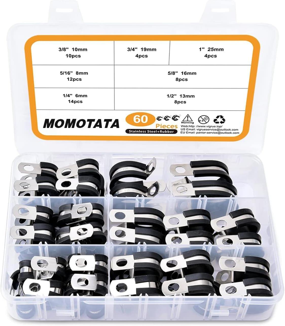 60PCS Cable Clamps Assortment Kit, 7 Sizes 1/4" 5/16" 3/8" 1/2" 5/8" 3/4" 1" Stainless Steel Rubber Coated Cushioned Insulated Cable Clamp,Automotive Wire Metal Pipe Clamps
