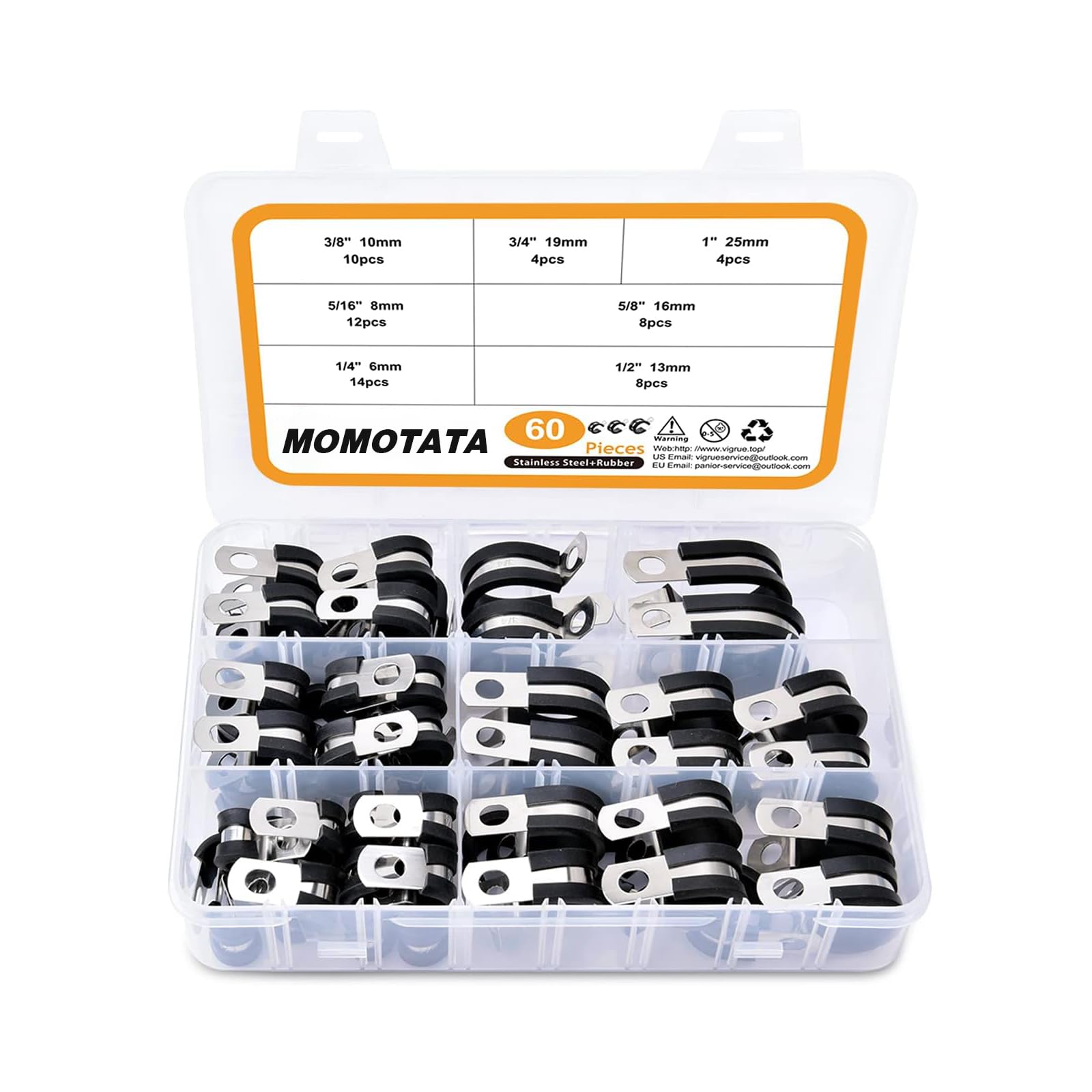 60PCS Cable Clamps Assortment Kit, 7 Sizes 1/4" 5/16" 3/8" 1/2" 5/8" 3/4" 1" Stainless Steel Rubber Coated Cushioned Insulated Cable Clamp,Automotive Wire Metal Pipe Clamps