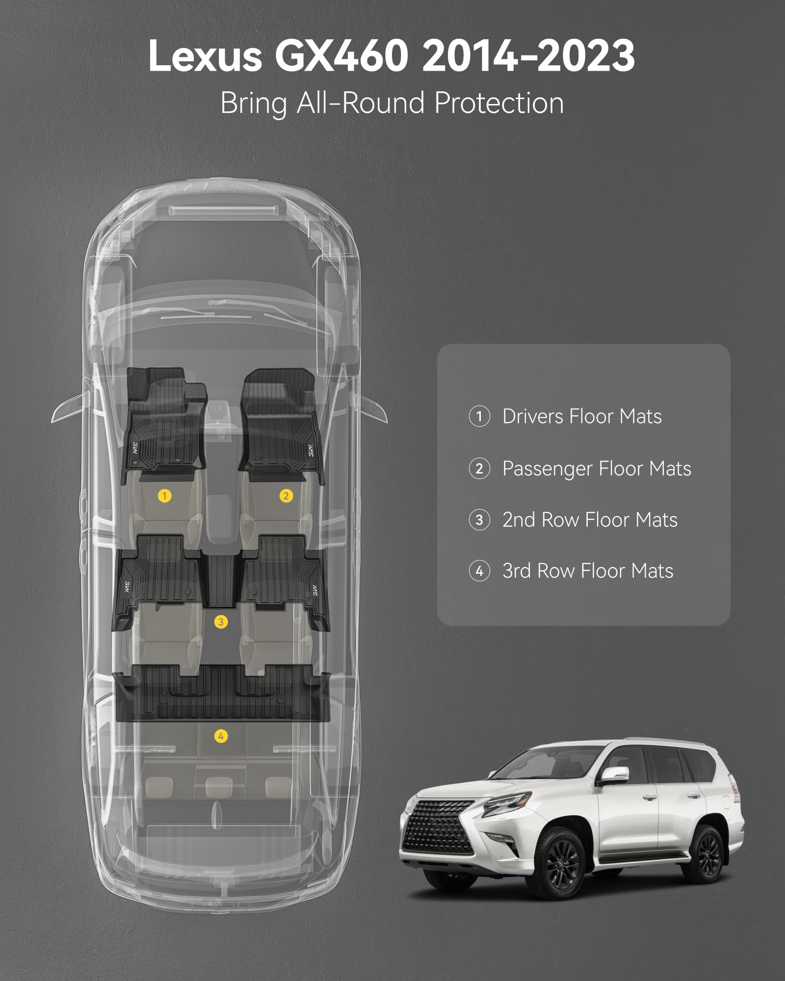 3W Floor Mats for Lexus GX460 2014-2023 only for 7 seat TPE All Weather Custom Fit Floor Liner — view 3