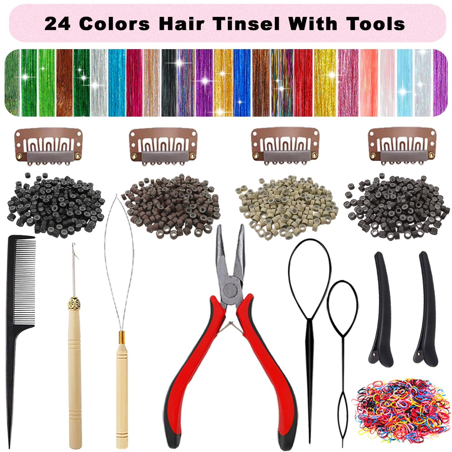 Kit de oropel para el cabello, 24 colores, 7800 hebras de cabello con herramientas, extensiones de cabello de oropel con purpurina de 48 pulgadas, kit de oropel de pelo de hada festivo, para 2
