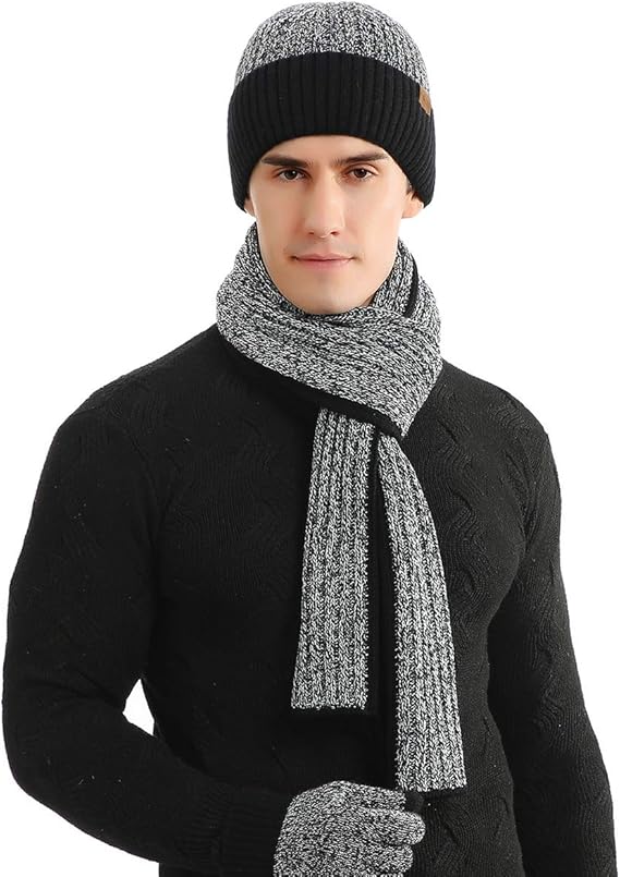 LumiSyne Winter 3-in-1 muts, sjaal en handschoenen set voor heren en dames, modieuze eenvoudige tweekleurige jacquard touchscreen handschoenen, gebreide beanie, lange sjaal, verdikte en zachte wol