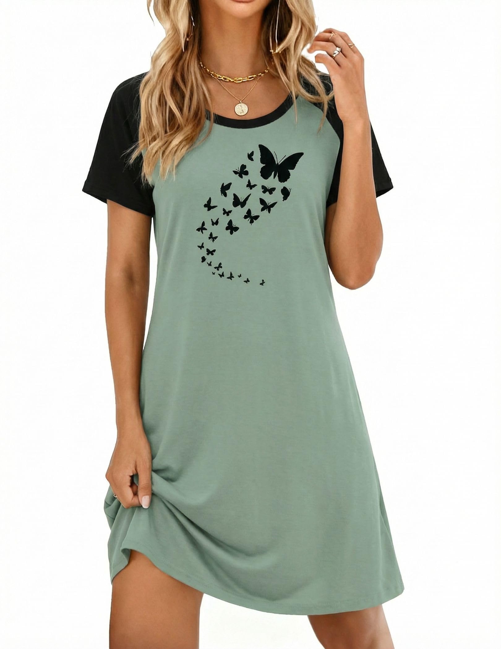 Ekouaer Womens Nightgown Short Sleeve Night Dress Printed Sleepwear Soft Sleep Shirt S-3XL