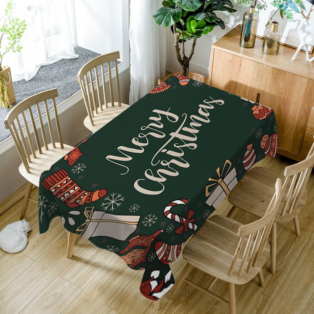Mantel Antimanchas Estampado Navideño Verde Mantel Mesa Rectangular Poliéster Manteles de Mesa Impermeable Lavable Manteles Antimanchas para Casa Comedor Cocina Fiesta(140x200cm)