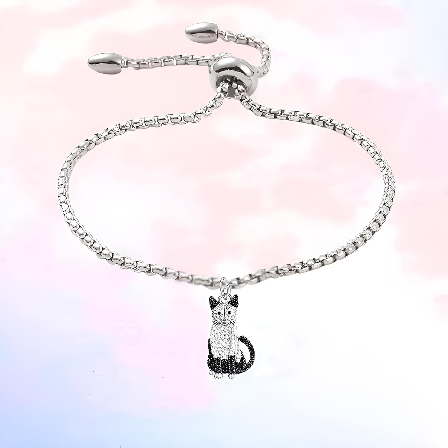 Crystal Cat Charm Bracelet, Adjustable Size, 9.84 inch Chain Length, Silver - Adjustable Crystal Cat Charm Bracelet, Silver Chain, Sliding Clasp - Whimsical Oriental Shorthair, Bombay Pendant Bracelet - Different Breeds of Cats- Sparkling Synthetic Zirconia Crystals, Durable Stainless Steel Bracelet, Ideal Gift for Fashion-Conscious Men or Women, Great Gift for Cat Lovers and Animal Enthusiasts