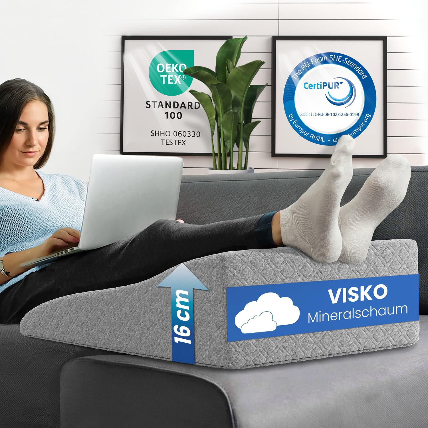 ELONEO Venenkissen Beinhochlagerungskissen aus Memory Foam, Beinkissen zur Entlastung, Lagerungskissen mit abnehmbaren Bezug, 68x40x16 cm, grau