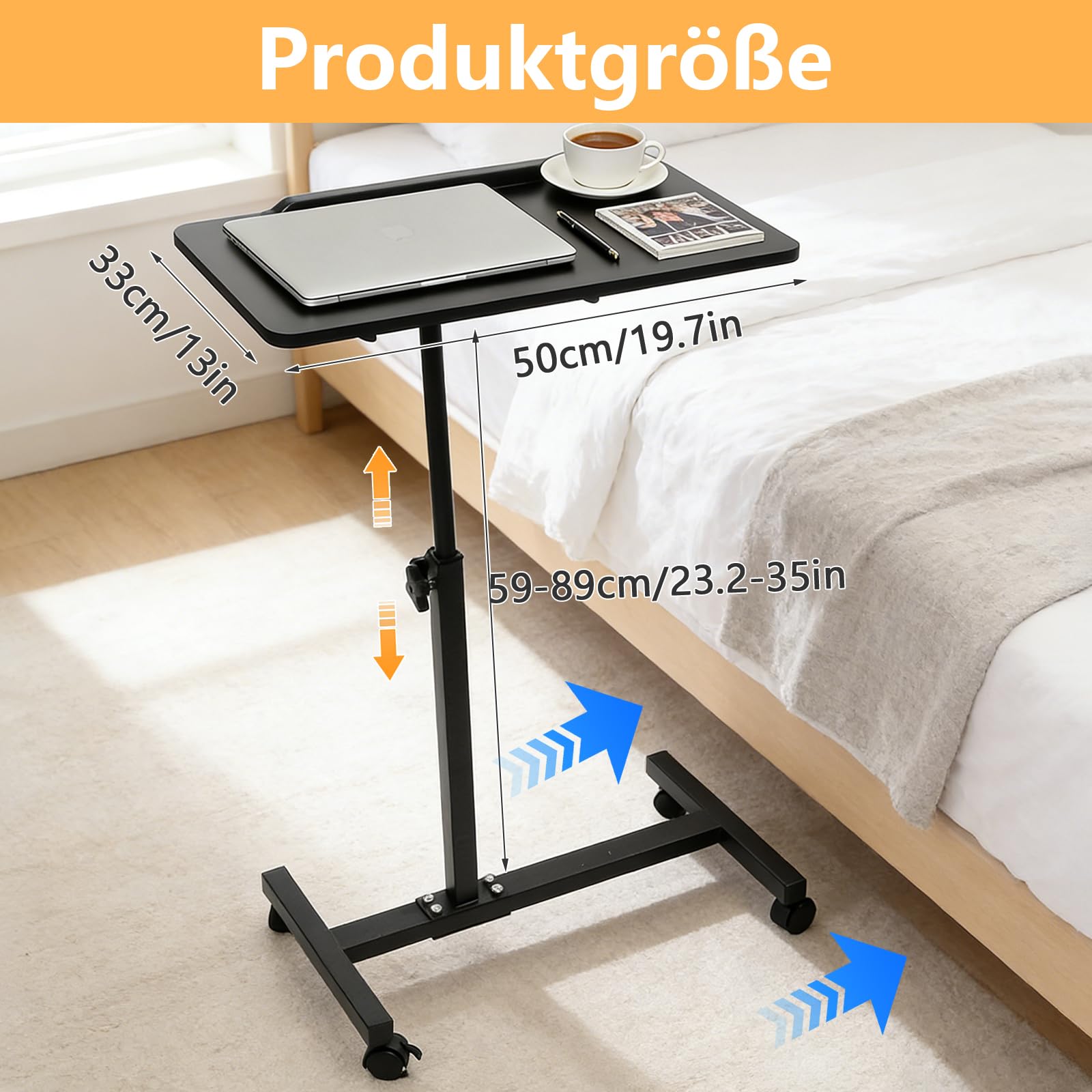 Mesa auxiliar para sofá, mesa auxiliar con ruedas, altura regulable e inclinación de 90°, mesa de sofá móvil, mesa auxiliar de madera para portátil, mesas auxiliares en forma de C para salón