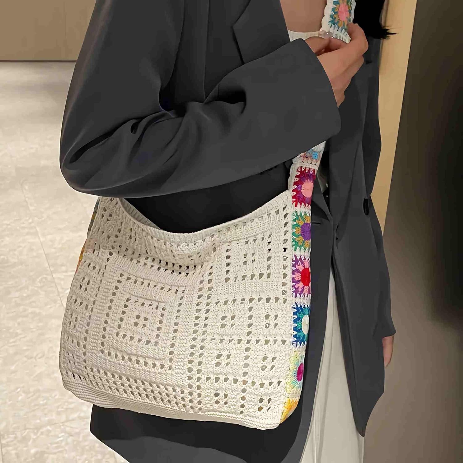 cute knit beach bag for women, small boho tote bag, summer aesthetic embroidered bags handbag, beach accessories vacation essentials bag - Image 2