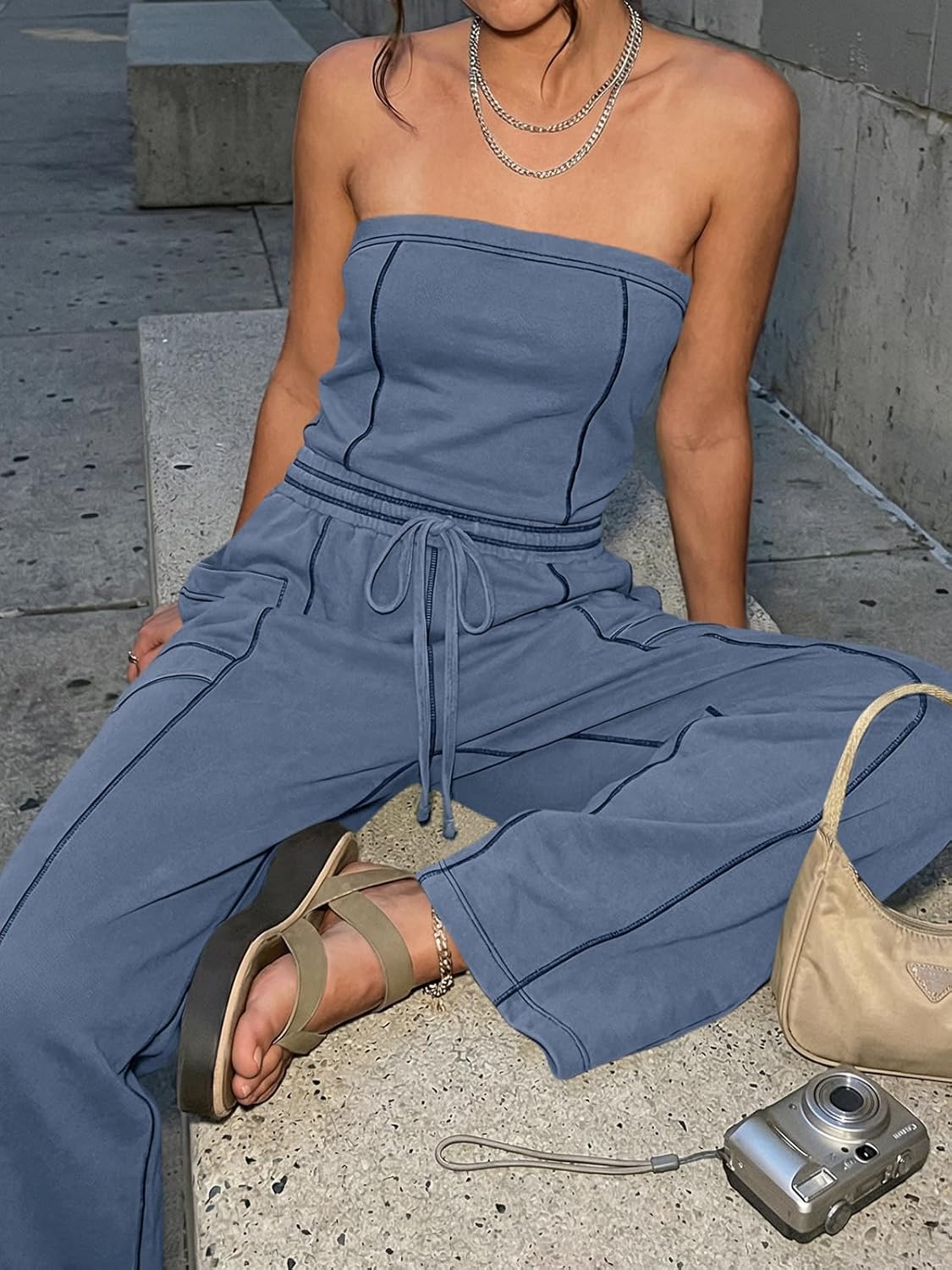 Cicy Bell Womens Summer Strapless Jumpsuits Casual Off the Shoulder Loose Romper Drawstring Barrel Outfits Jumpers - Image 3