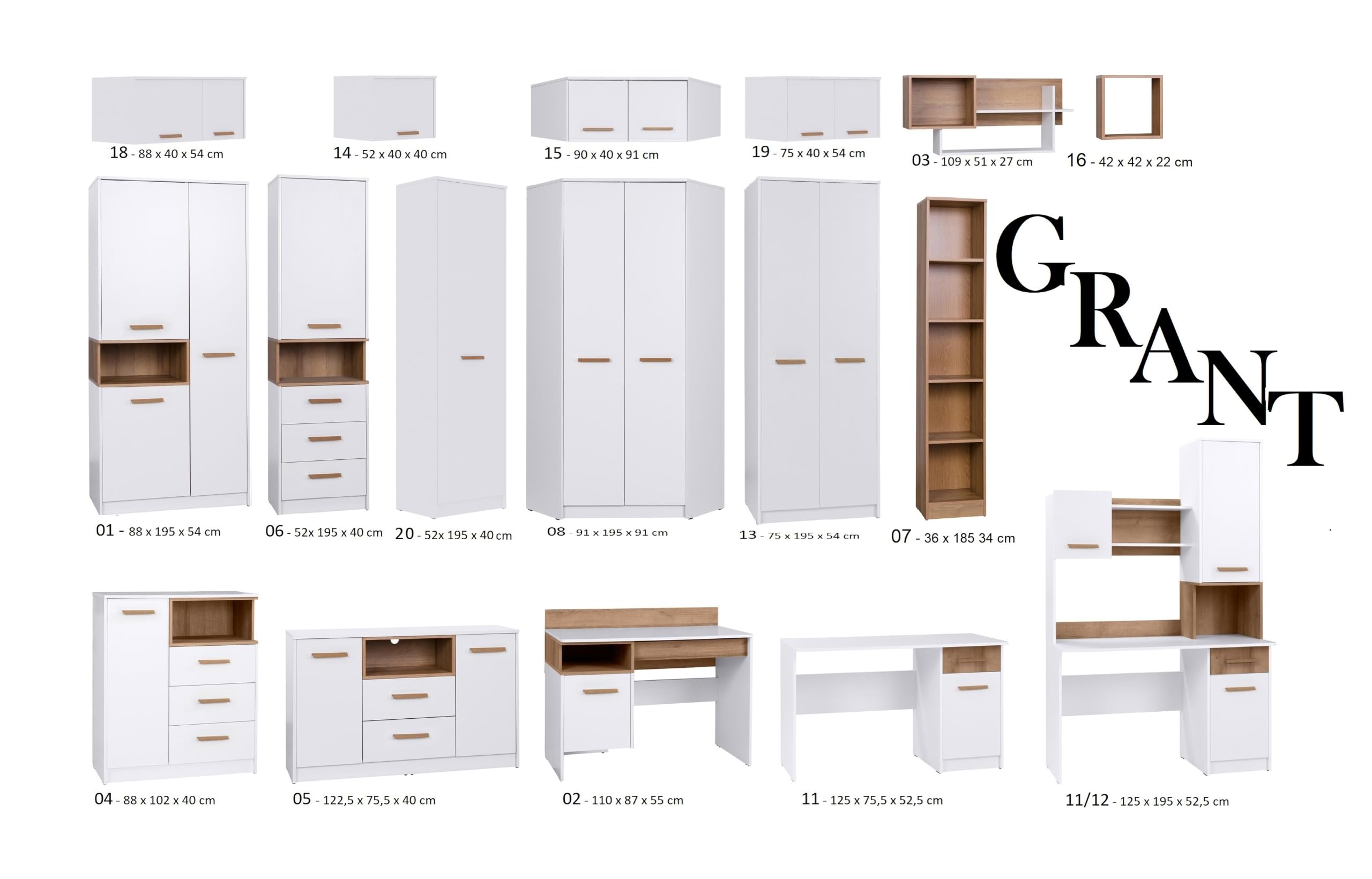 Eckschrank und 2 Schränke 195x195x40cm, Soft Close, für das Jugendzimmer, Schlafzimmer, weiß + Riviera Eiche - Marmex Grant Set G47B
