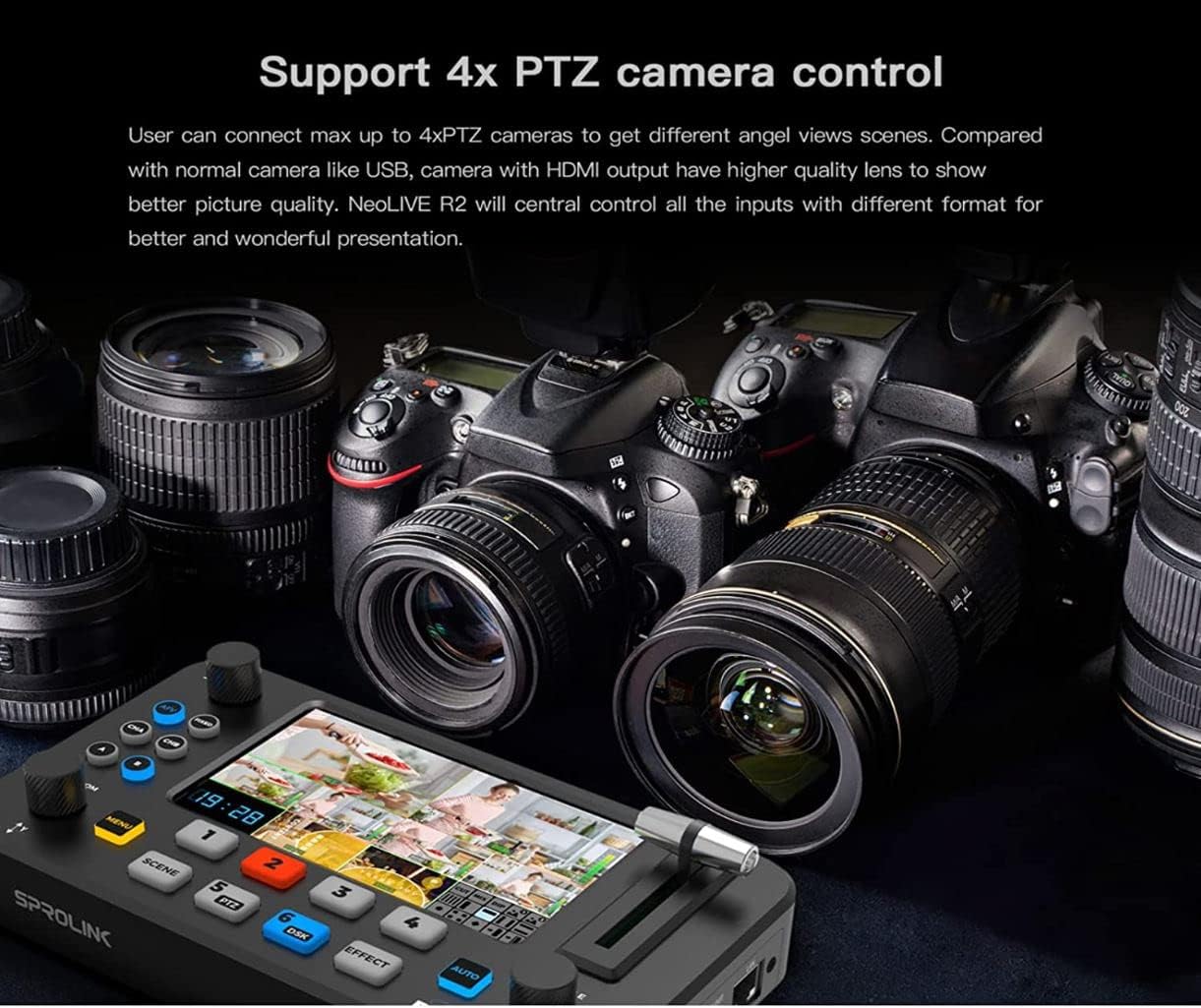 SPROLINK NeoLIVE R2 controlling multiple PTZ cameras, with various camera lenses in the foreground.