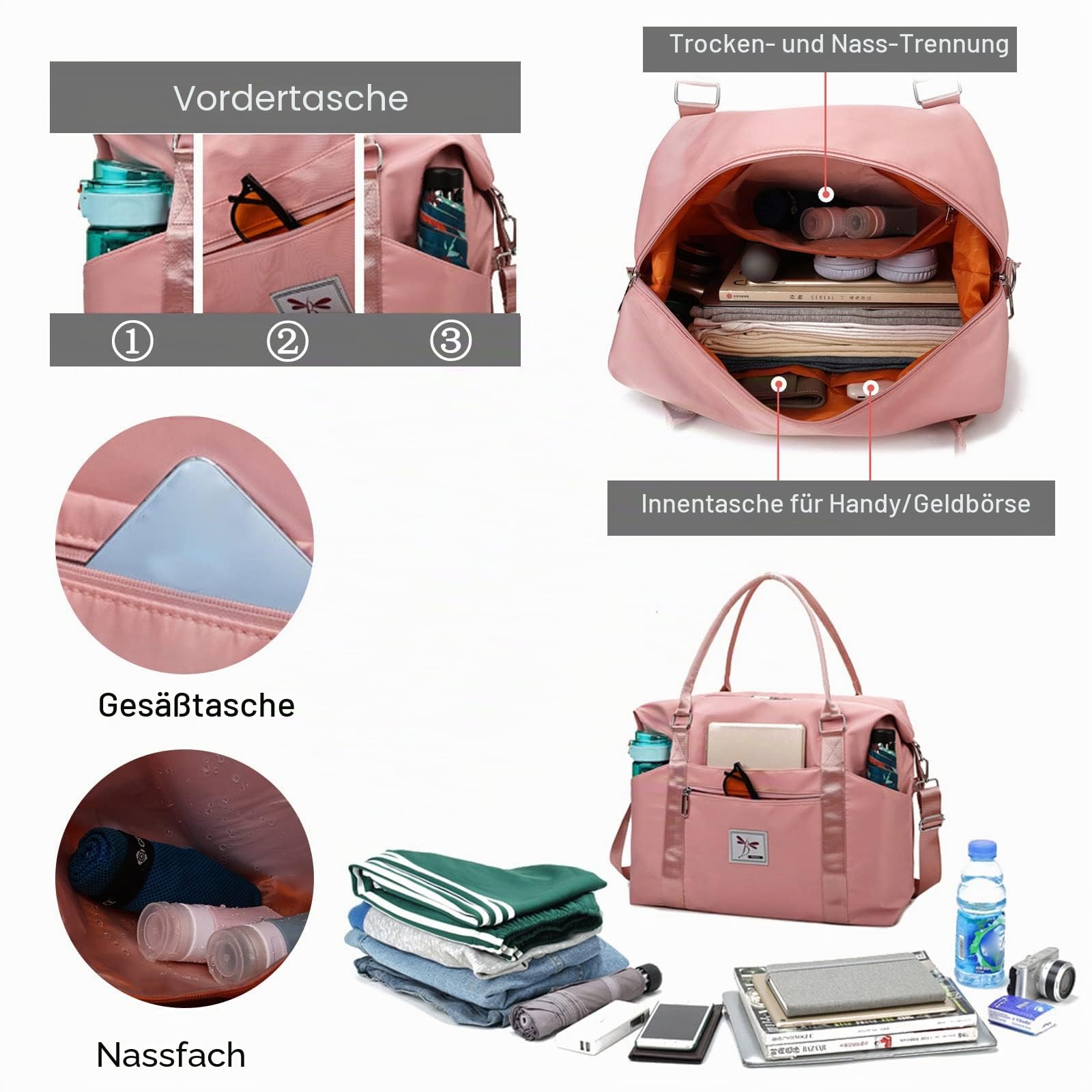 FANDARE Damen Reisetaschen Klassische Sporttaschen Herren Handgepäck Weekender Umhängetasche Übernachtung Kliniktasche Schwimmtasche Trainingstasche Handtasche für Reise Gym Flugzeug Rosa