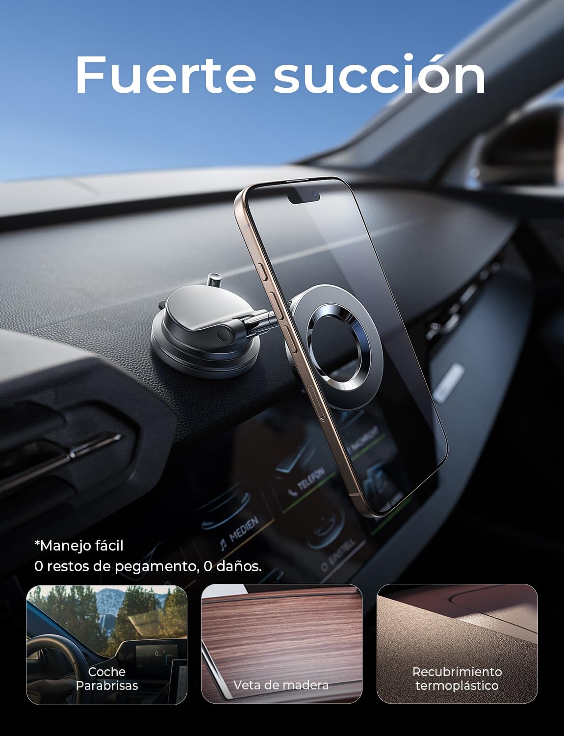 LISEN Soporte Móvil Coche Magsafe, [15+KG Vacío Ventosa & 20N Imán] Suporte Magnetico Telemovel Carro, Soporte Telefono Coche Magsafe Car Mount para iPhone 16 Pro MAX 15 14 13 12 Negro