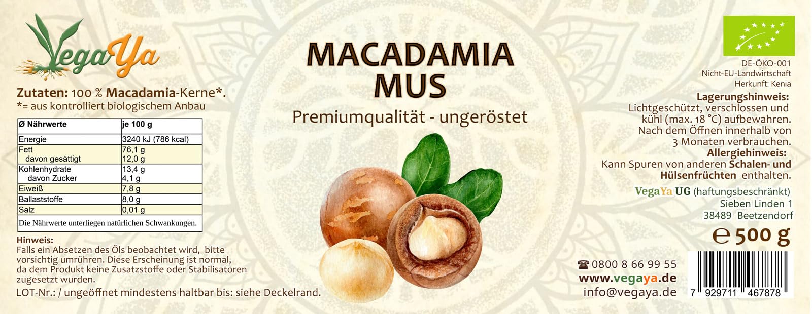 Bio Macadamiamus aus 100% handgeknackten, ungerösteten Nüssen, fein vermahlen in gekühlten Granitmühlen, cremiger Geschmack, für Soßen, Cremes, Obst & Gemüse, Müsli und mehr von Vegaya
