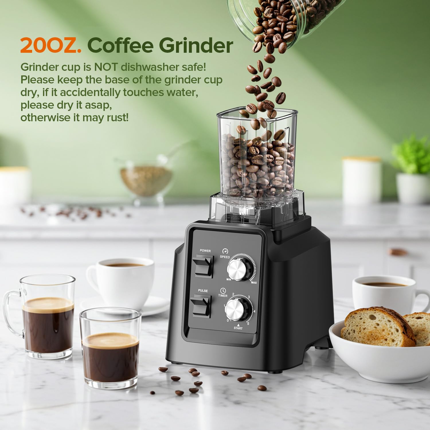 Blender, Blender for Smoothies with 68Oz. Pitcher and 20Oz. Grinder, 28000 RPM Countertop Blenders for Kitchen, Ice Crushing, Frozen Fruits, Timing Setting, Speed Adjustable, Black