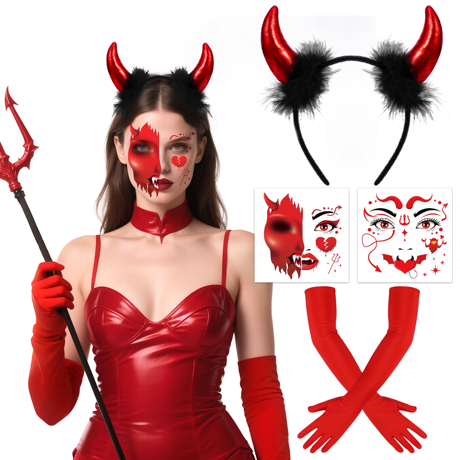 DPKOW Red Devil Horns Headband Halloween Face Stickers Tattoos Gloves for Halloween Costume Accessories Red Devil Costume Woman Cosplay Outfits Accessories Carnival Masquerade Supplies - Image 2