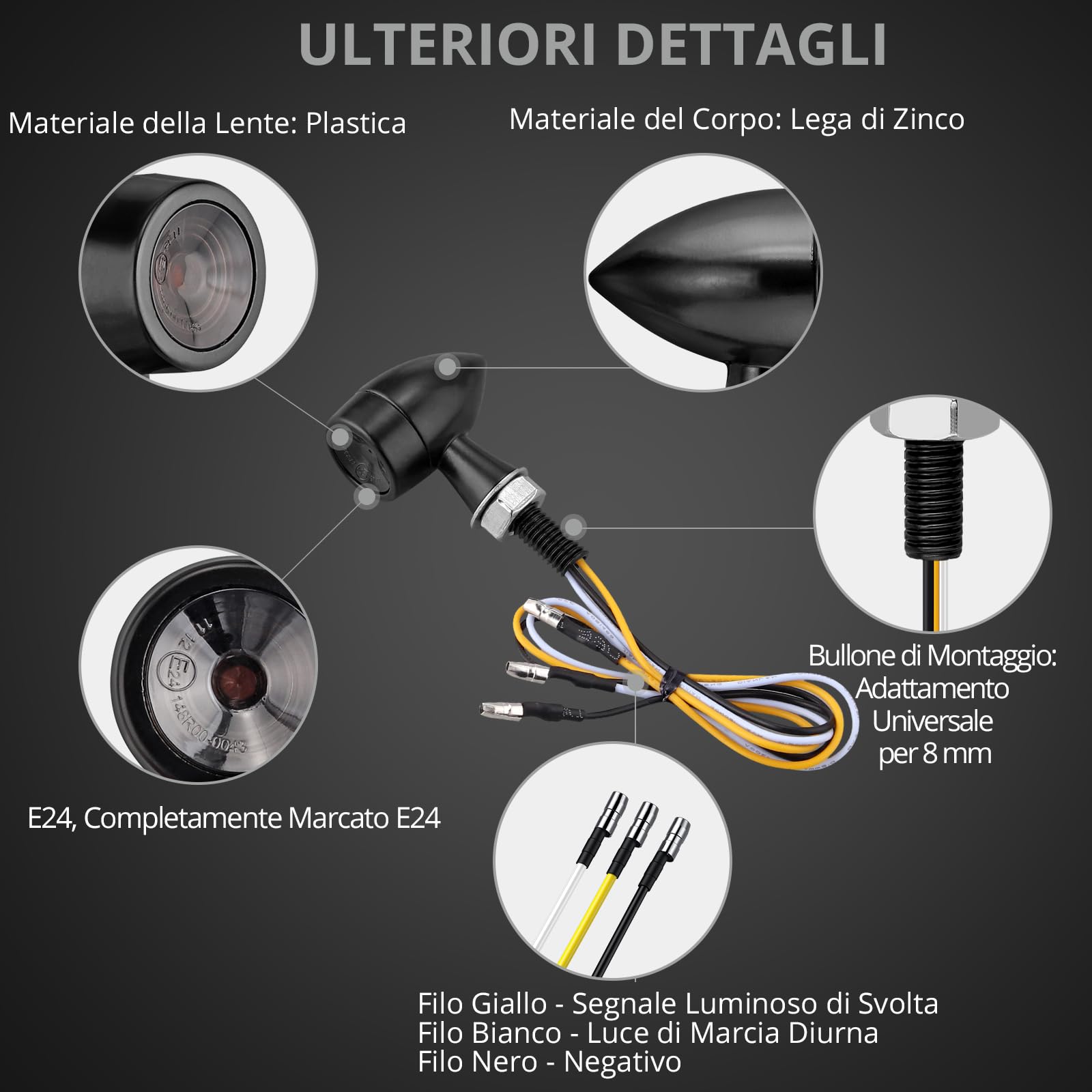 Justech 2 Pezzi LED Indicatori di Direzione Minifrecce 12V Mini Frecce IP65 Luce Ambra + Bianco Mini Luci di Indicatore con E24 per Vite M8 per Moto Scooter