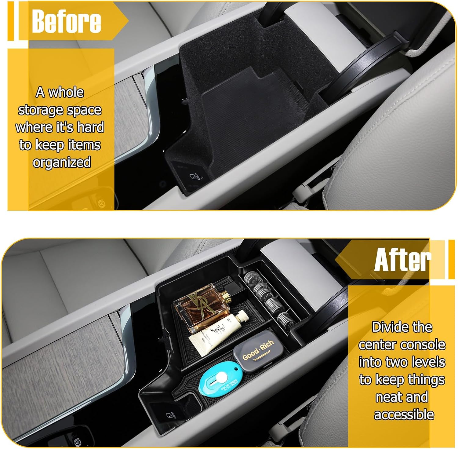 Center Console Organizer Compatible with Volvo XC60 2018-2025/ XC90 2021-2024/ S90 S60 2020-2025/ V60 2019-2025/ V90 2017-2025 Accessories, Armrest Box Insert Tray Storage Box Charging Hole