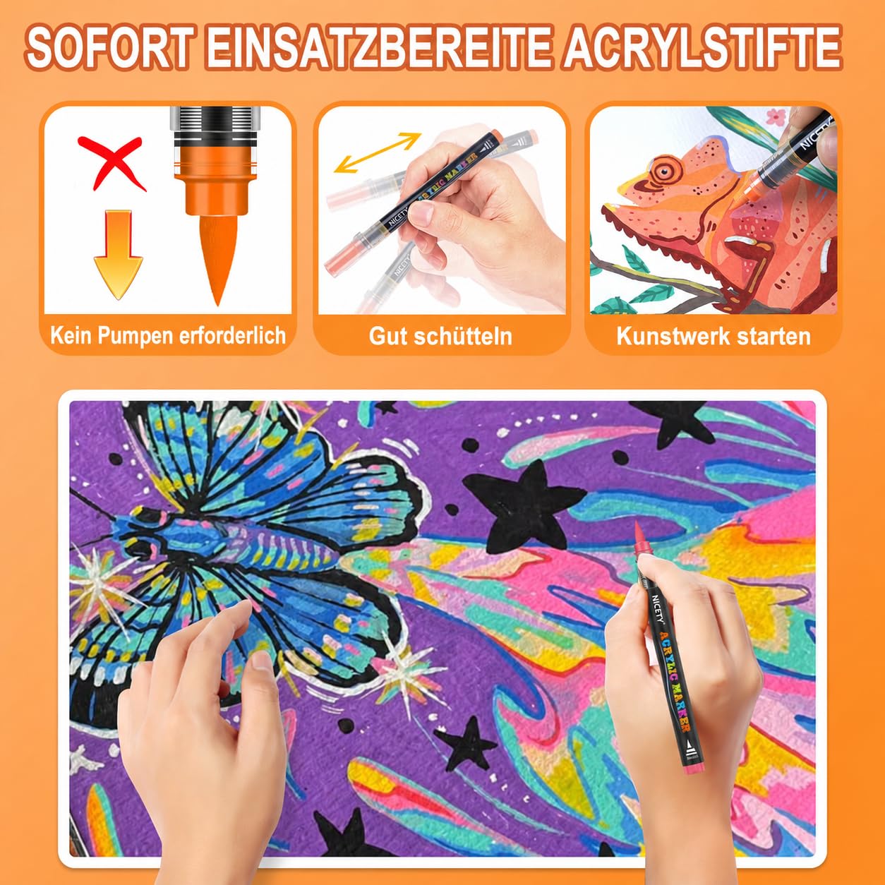NICETY 180 Acrylstifte für Steine Wasserfest - Pinselspitze Acrylmarker für Steine, Holz, Stoff, Leinwand, Glas, Keramik, 1-6mm Multimarker Acrylfarben Marker Set