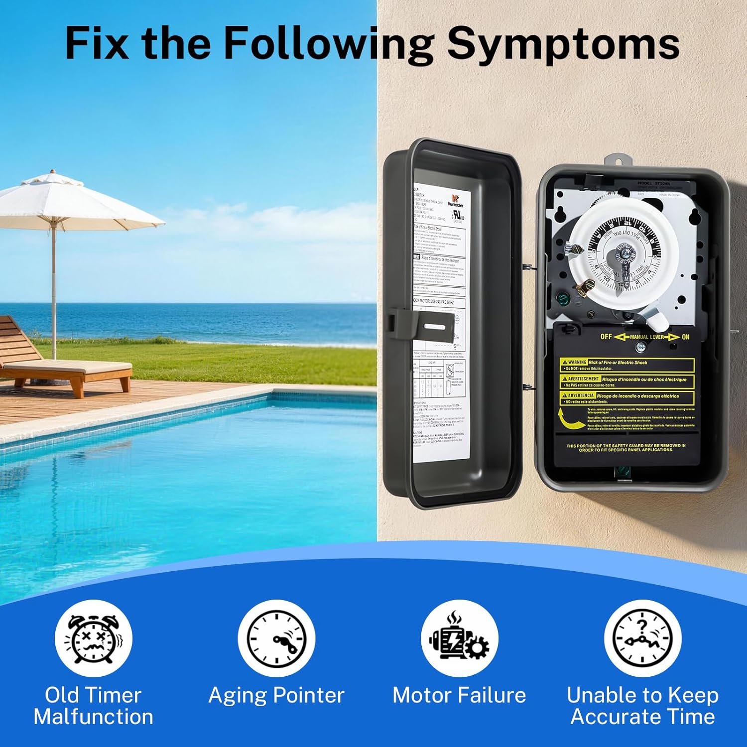 T104R 24-Hour Mechanical Timer Switch, DPST, 3R Rainproof Metal Enclosure, Heavy Duty Timer for Lighting, Pool Pumps, Commercial Defrost Systems