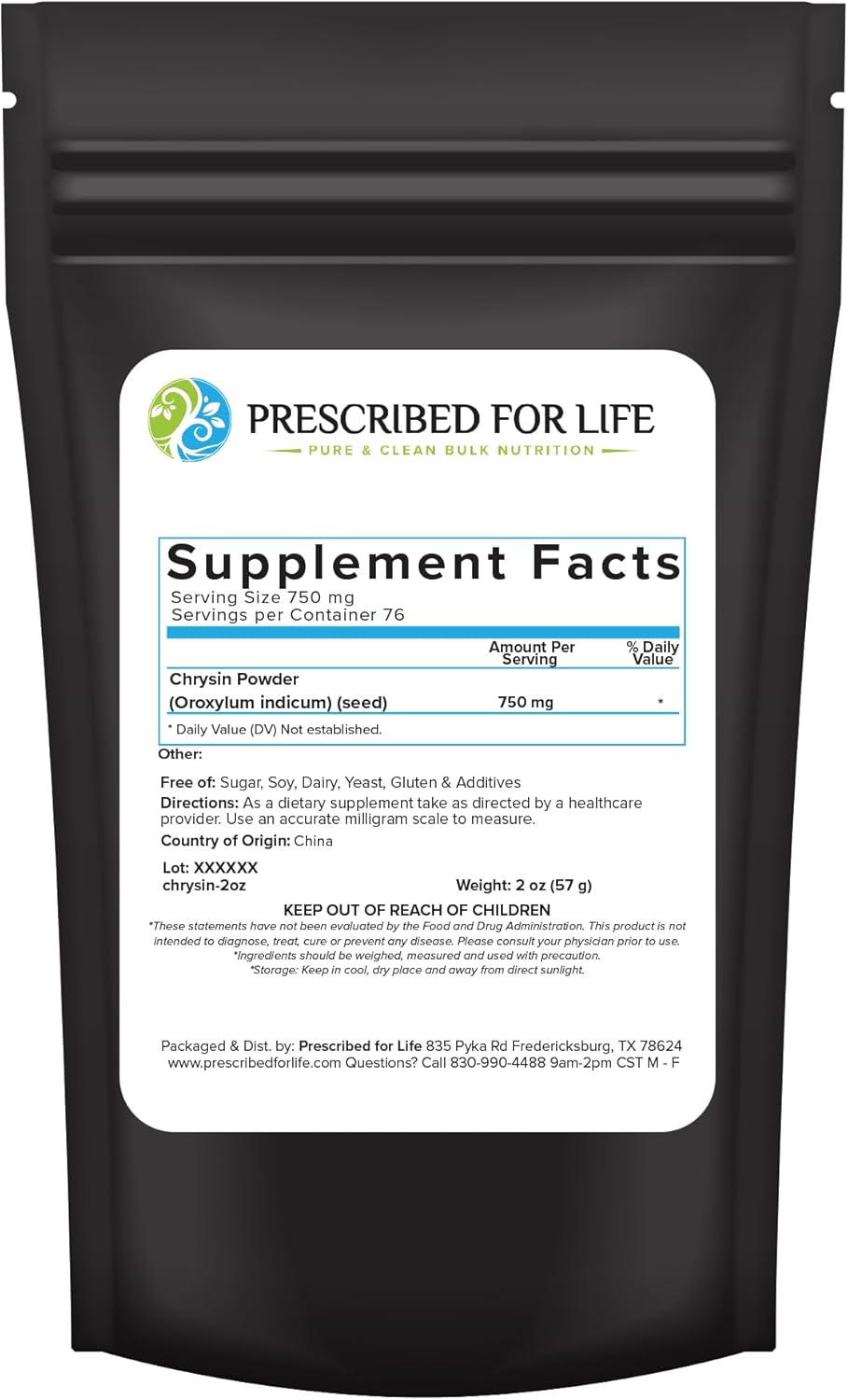 Prescribed For Life Chrysin Powder, 98% High Purity Powder, Natural Flavonoid Supplements, Vegan, Gluten Free, Non GMO (5kg / 11lb)