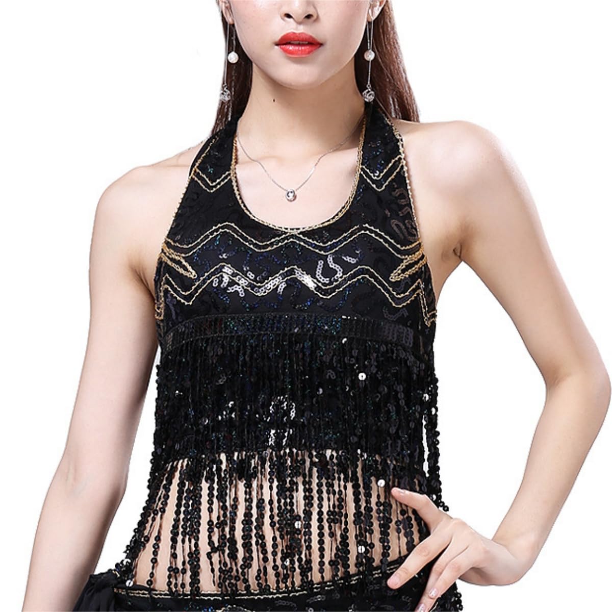 Sequin Crop Top for Belly Dance, Women's Glitter Sequins Halter Neck Fringe Tassel Bra Top, Sparkly Strappy Backless Tribal Bra for Party Carnival Clubwear Rave Boho Festival Clubbing Outfits