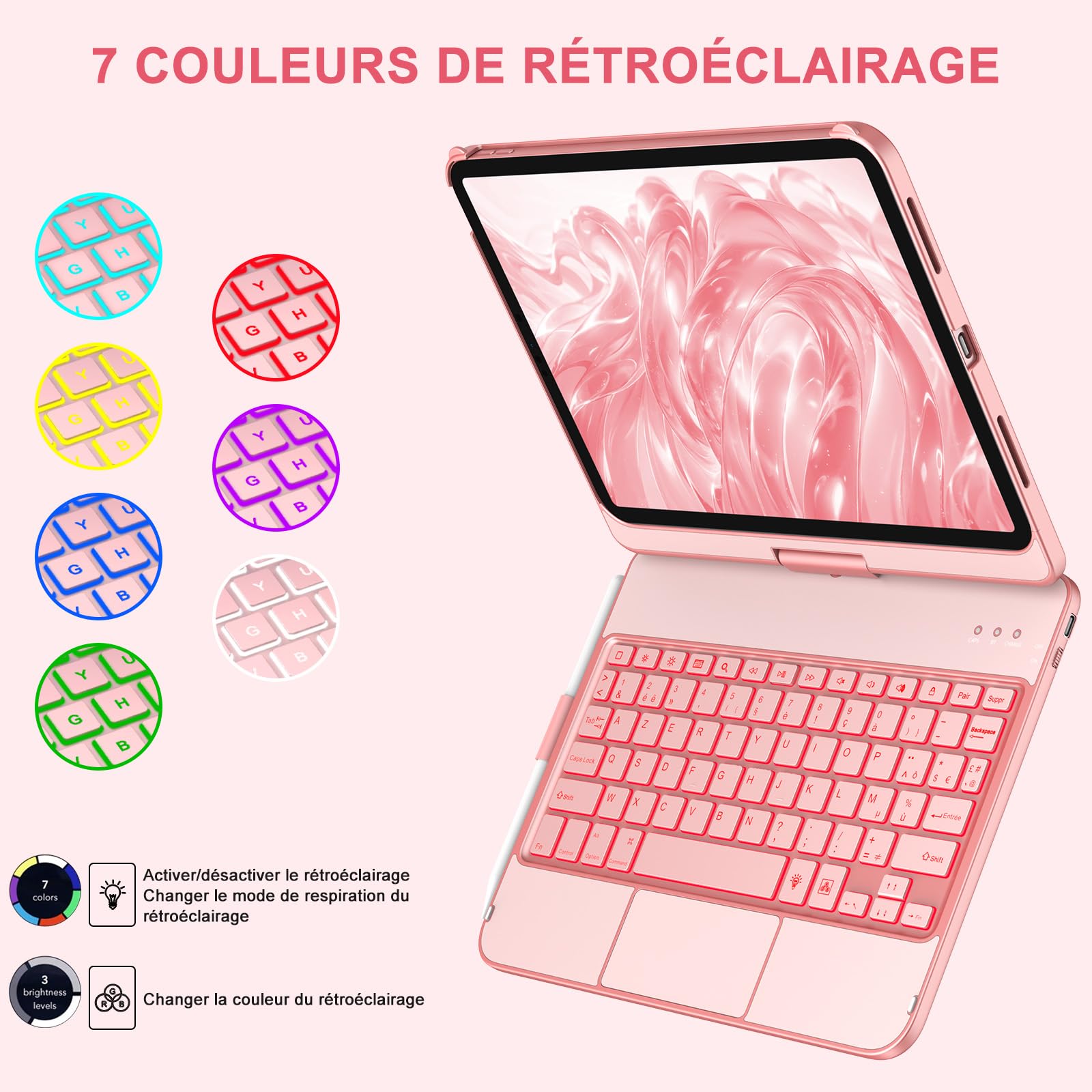 aMZCaSE Clavier pour iPad 10/11 Ème Gen(10.9Pouces 2022/11 A16 2025) avec Housse de Protection Rotative à 360° Porte-Stylet étui Clavier Rétroéclairé 7 Couleurs rétro-éclairé Français (Or Rose)