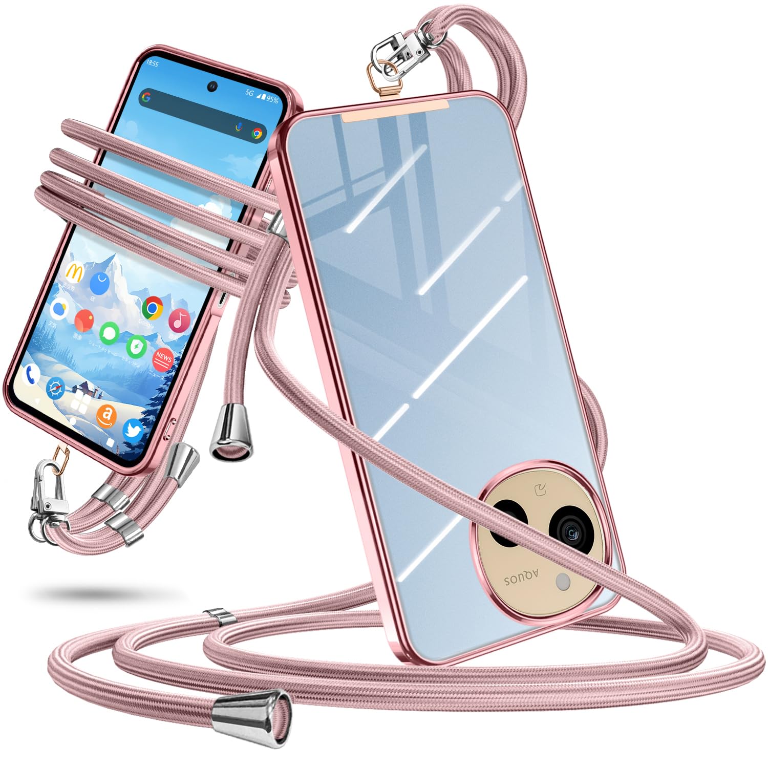 AQUOS sense9 ケース ショルダー クリア SH-53E SHG14 SH-M29 スマホケース カバー 肩掛け 斜めかけ 縄掛けケース 耐衝撃 透明 TPU 薄型 軽量 紐付き 斜めがけ 織りストラップ付き ネックストラップ 長さ調整可能 取り外し可能 紛失防止 ワイヤレス充電対(ローズゴールド)