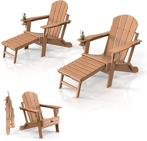 VINGLI Juego de 2 sillas plegables Adirondack con otomana, silla impermeable de plástico HDPE para exteriores con reposapiés ocultos, asientos