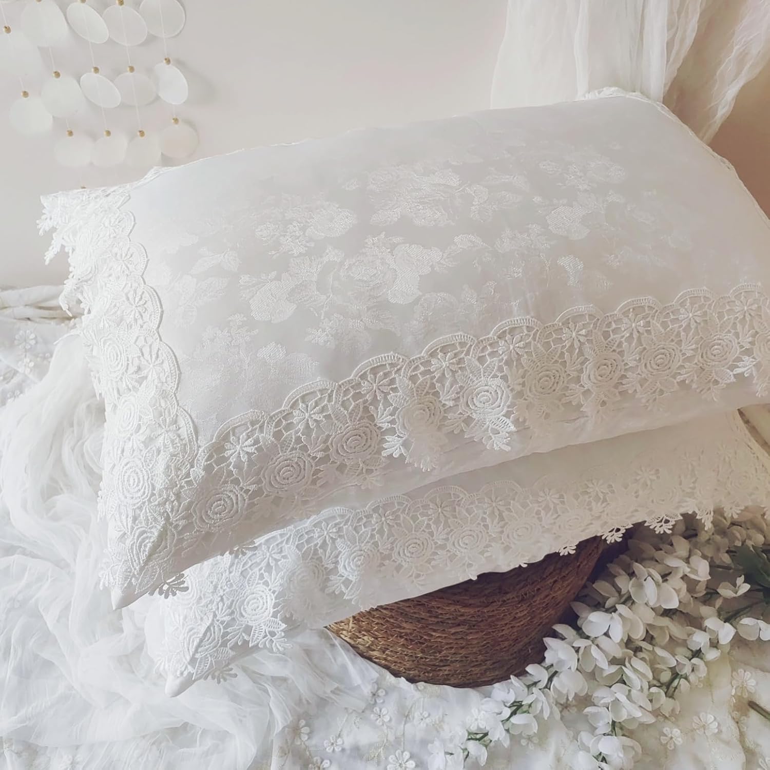 French Style King Size Pillow Covers - 20x38 Inch Vintage Chic Pillow Shams with Jacquard Rose Lace Ruffle, Perfect for Farmhouse & Elegant Home Decor