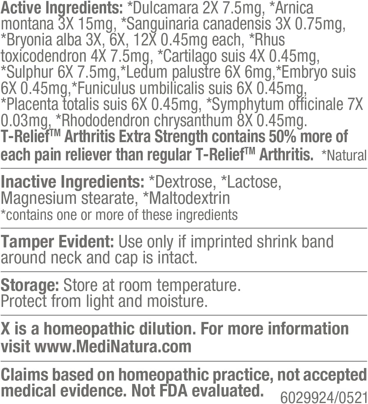 T-Relief Extra Strength Arthritis Arnica +12 Relieving Natural Medicines Help Ease Soreness Stiffness Aches & Pains Naturally for Women & Men - 250 Tablets